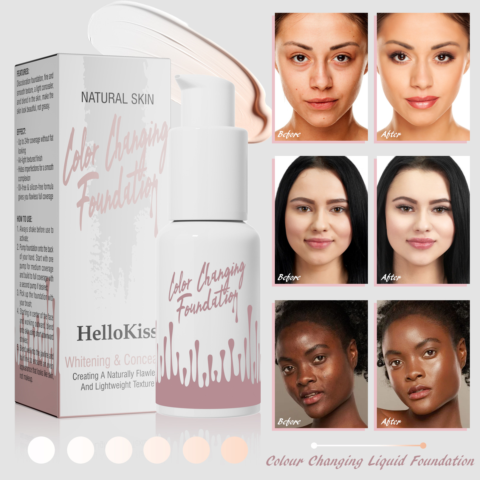 HelloKiss Foundation - Waterproof, Concealing, Natural, Long-Lasting, Hydrating, Lightweight, Moisturizing Foundation Cream