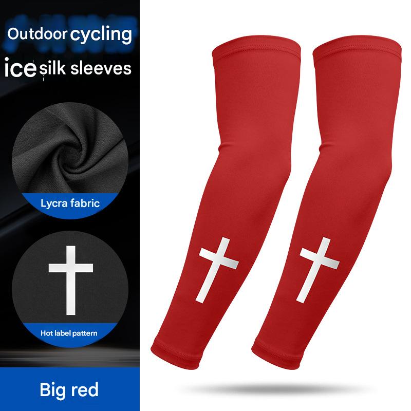 Summer outdoor UV protection arm sleeves, made of milk silk, quick-drying ice silk, with heat-pressed cross design, perfect for fishing and sun protection.