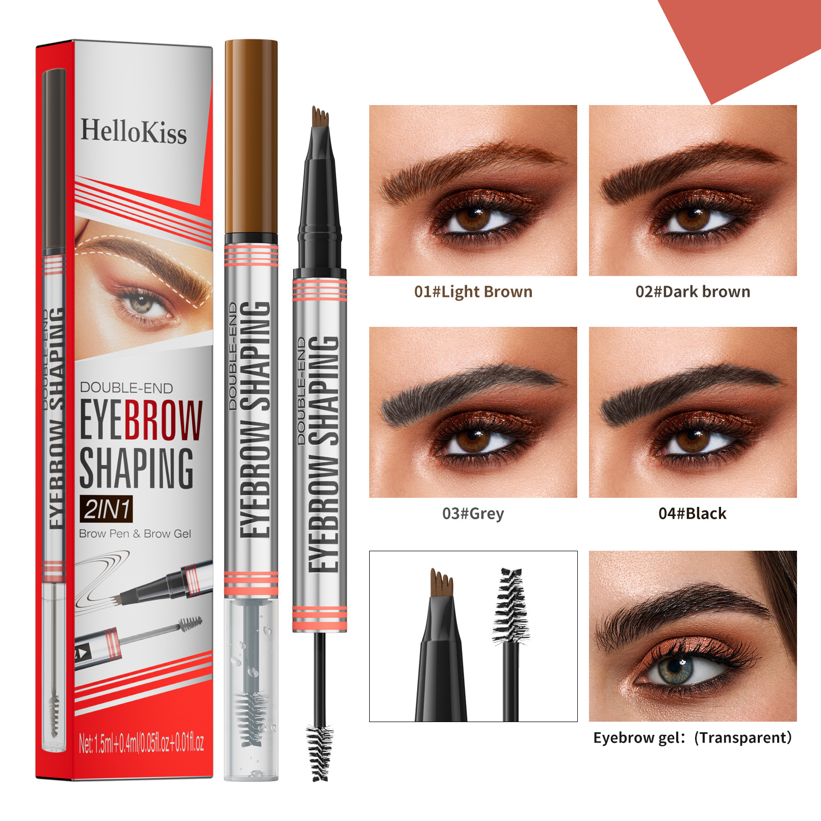 Dual-ended waterproof eyebrow pen and gel set: 4-tip liquid brow pen + brow setting gel. view 2
