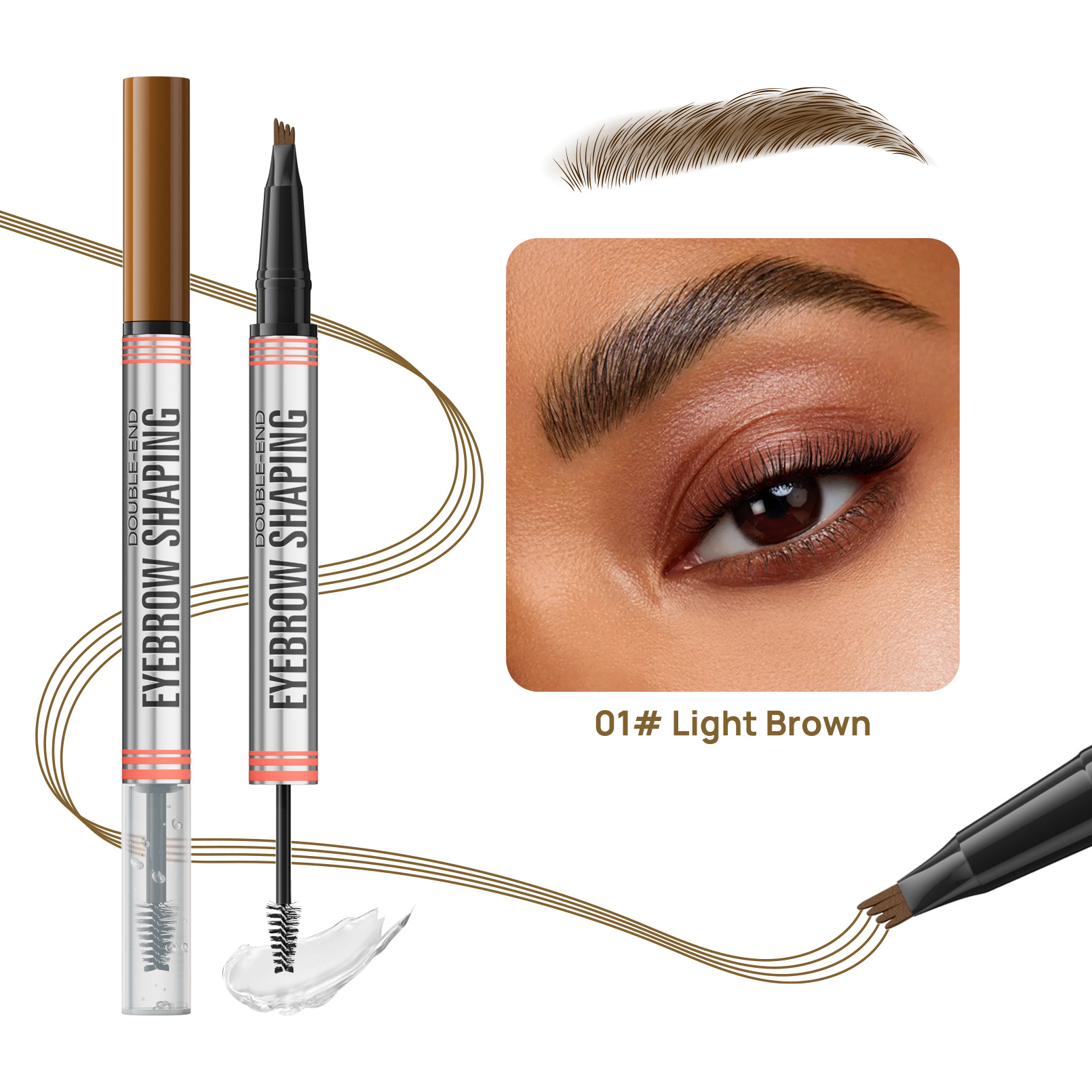 Dual-ended waterproof eyebrow pen and gel set: 4-tip liquid brow pen + brow setting gel. view 5