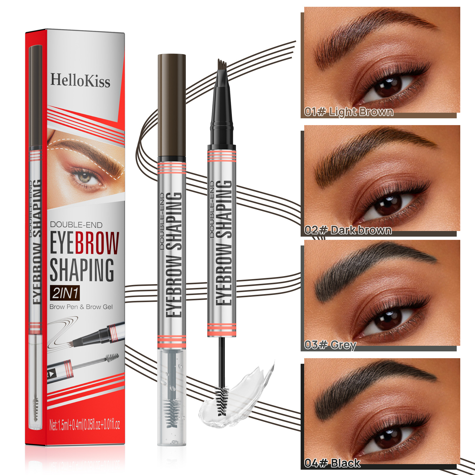 Dual-ended waterproof eyebrow pen and gel set: 4-tip liquid brow pen + brow setting gel.
