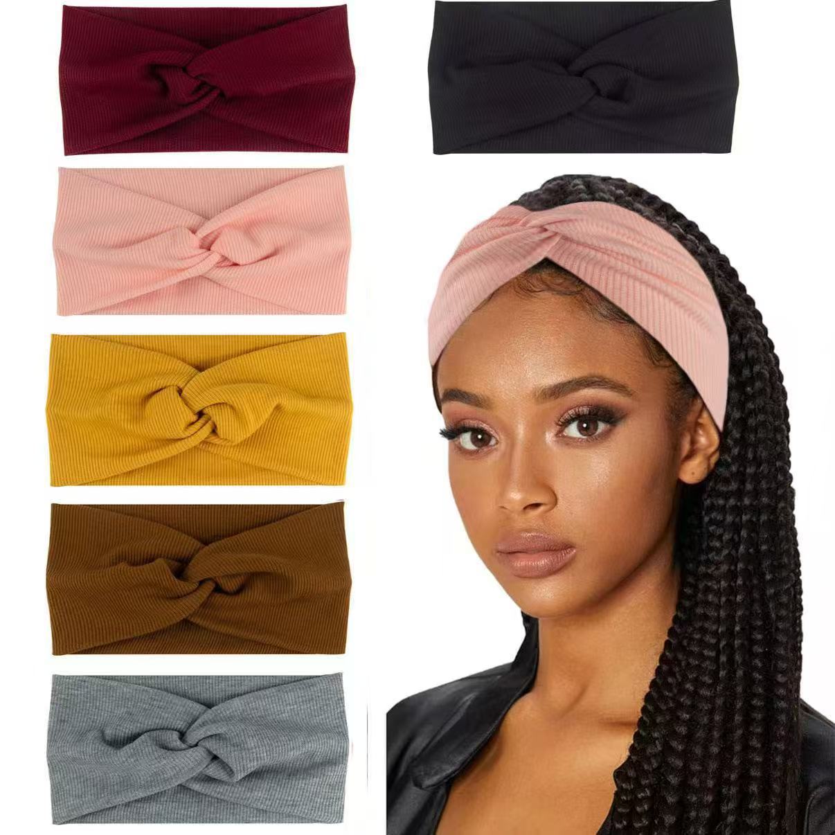 Bohemian-style wide, ribbed cotton, crisscross elastic headband for yoga and sports.