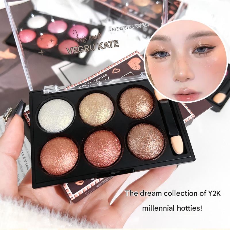 A six-color shimmery eyeshadow palette with pearlescent, fine shimmer, matte, highlighting, contouring, and blush – all in one palette! view 3
