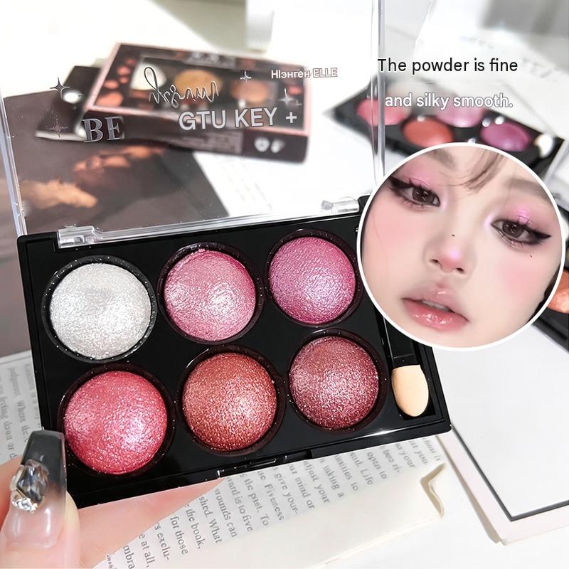 A six-color shimmery eyeshadow palette with pearlescent, fine shimmer, matte, highlighting, contouring, and blush – all in one palette! view 2