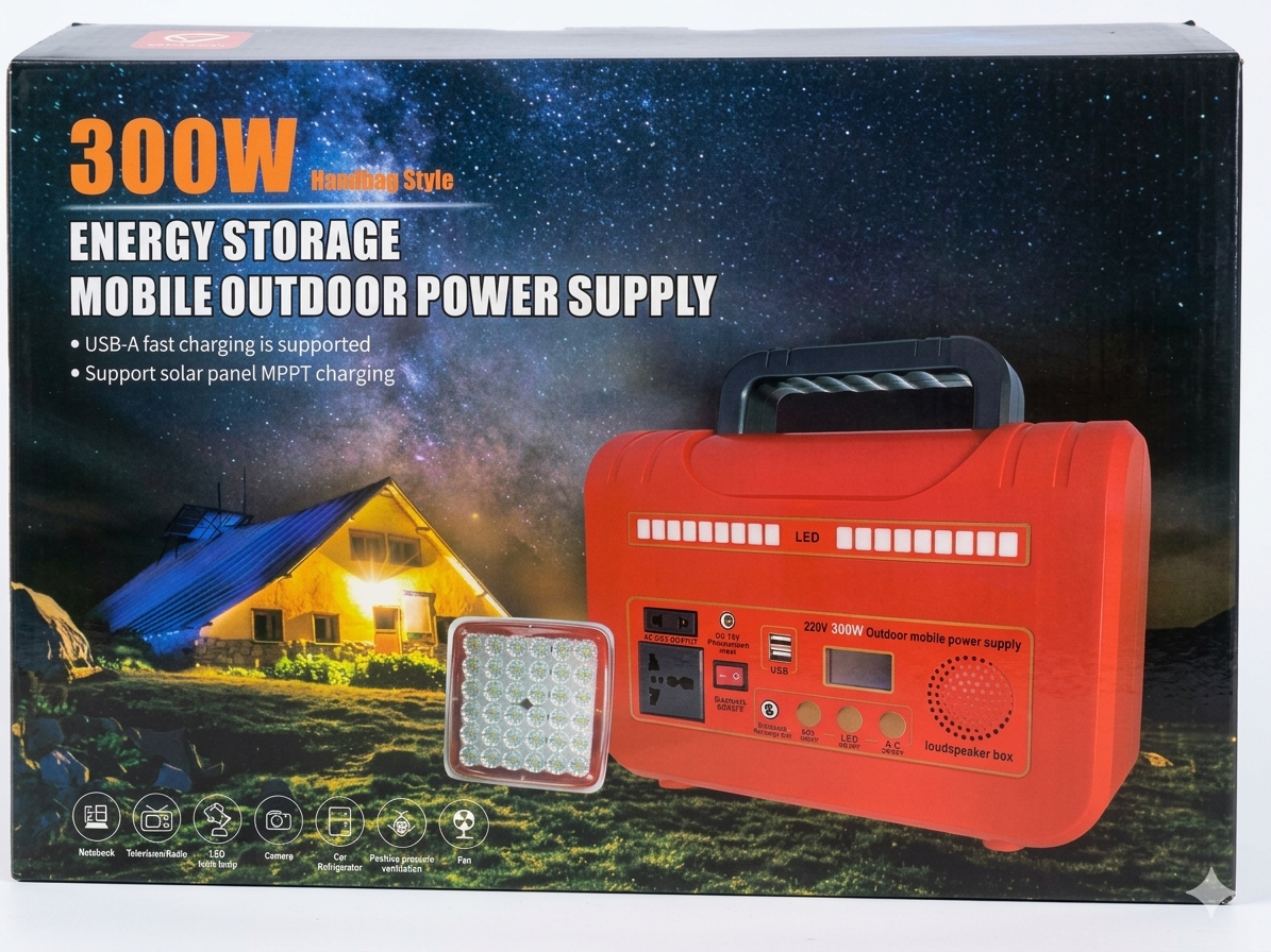300W Portable Power Station, Handbag-Style Outdoor Mobile Power Supply with 220V AC Outlet, MPPT Solar Charging Support, Built-in LED Emergency Light & Bluetooth Loudspeaker Box for Camping.