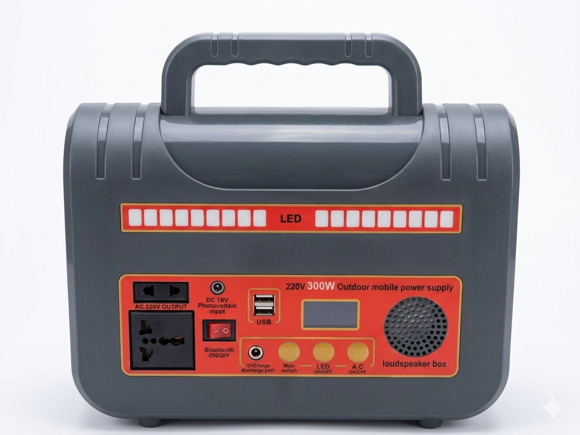 300W Portable Power Station, Handbag-Style Outdoor Mobile Power Supply with 220V AC Outlet, MPPT Solar Charging Support, Built-in LED Emergency Light & Bluetooth Loudspeaker Box for Camping.