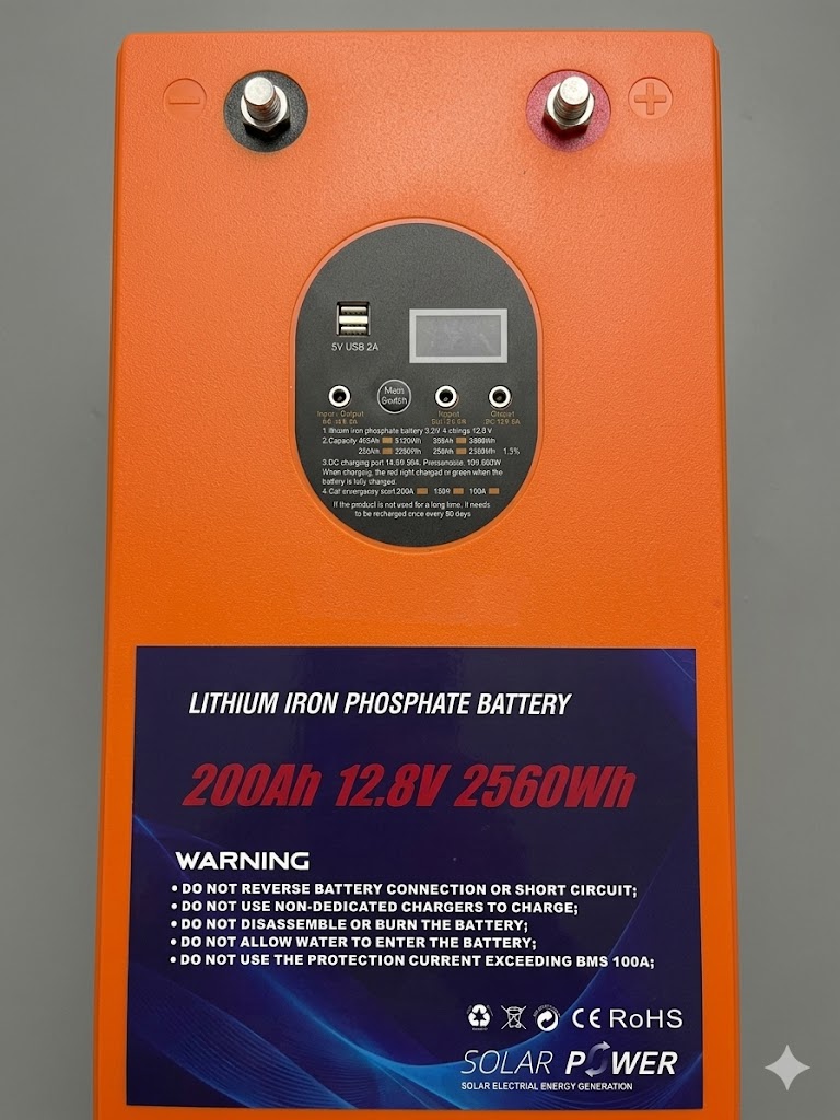 Blue Carbon Lithium Iron Phosphate ($\text{Lifesp}_4$) Battery Pack. Specificall, based on its distinct orange cast-aluminum casing, the dual 5V USB ports, and the integrated display screen, it is the