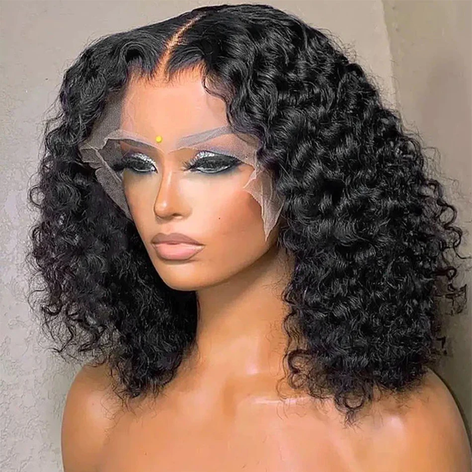 Glueless Wig 12A Short Bob Wig Deep Wave Human Hair Wigs Water Wave Frontal Wig Kinky Curly Bob Lace Front Wig Transparent Wigs Black 10inch