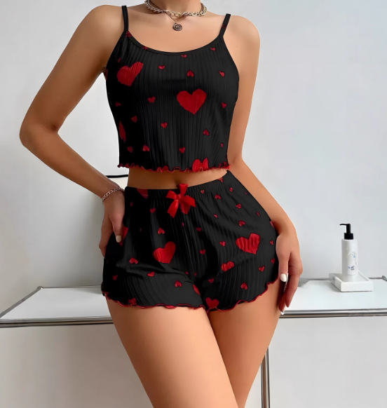 Cross border hot selling European and American style casual pajamas set with printed heart, sweet camisole shorts, pure desire, can be worn outside pajamas Red S