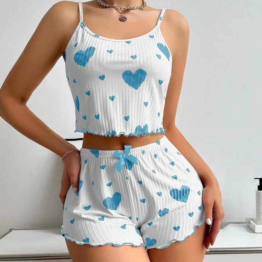 Cross border hot selling European and American style casual pajamas set with printed heart, sweet camisole shorts, pure desire, can be worn outside pajamas Red S