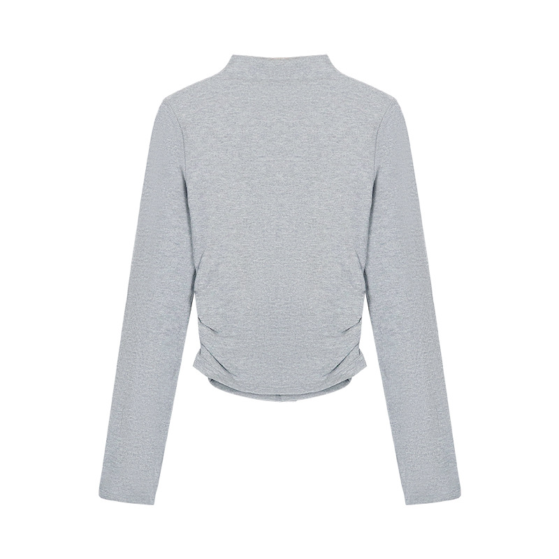 Interior gray long sleeved T-shirt for women's spring 2025 new slim fit pleated spicy girl half high neck base shirt top trend Style_1 M