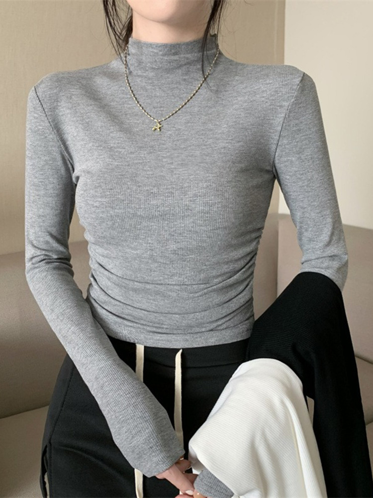Interior gray long sleeved T-shirt for women's spring 2025 new slim fit pleated spicy girl half high neck base shirt top trend Style_1 M