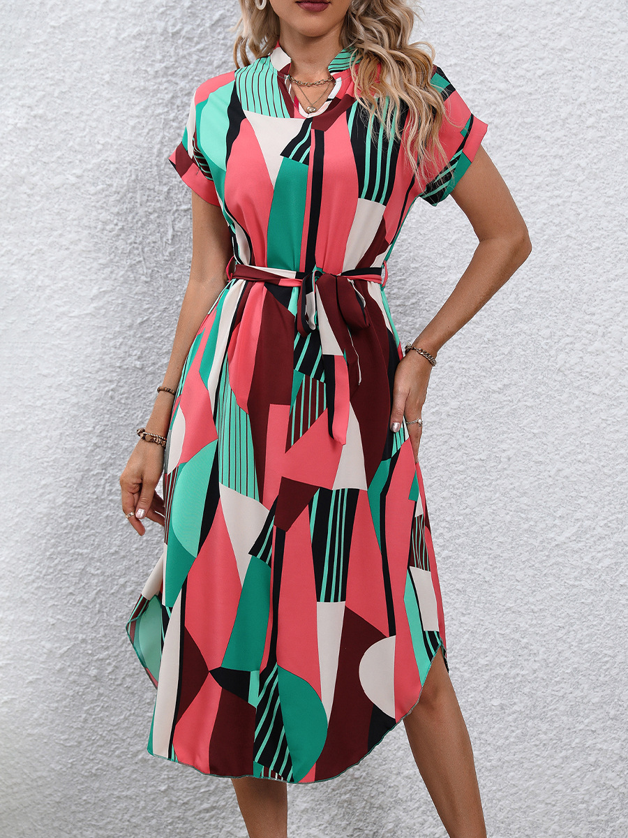 Cross-border independent station Foreign Trade women's clothing 2025 spring and summer European and American holiday color block dress belt short sleeve skirt Red S