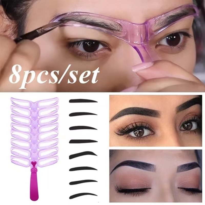 8 In 1 Reusable Eyebrow Stencil Beauty Makeup Brow Stamp Template Eyebrows Shape Set Eye Brow Makeup Tools Purple 8pcs/set