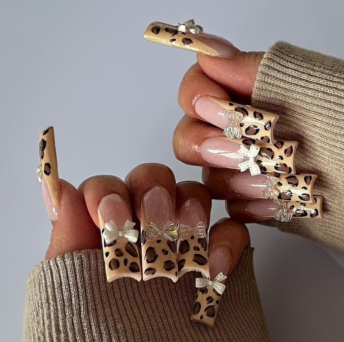 24pcs/Set Fashion Women Leopard Bow False Press on Nails Leopard 24/Pcs