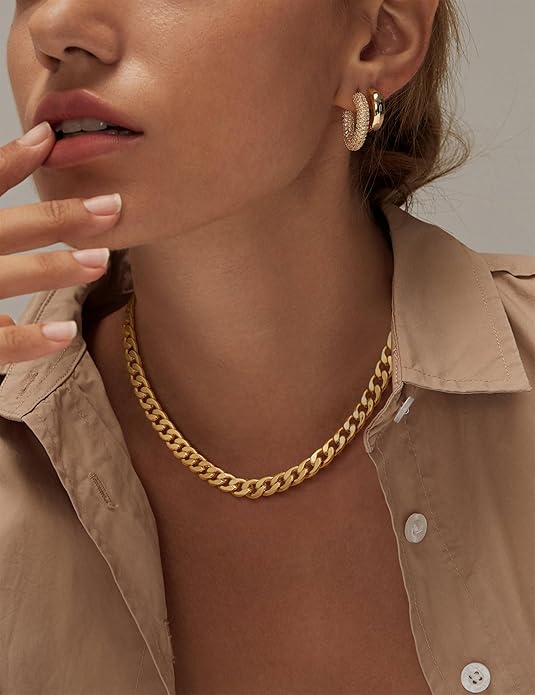 Gold Necklace for Women 14K Dainty Chunky Gold/Sliver Chain Necklace Cuban Link Paperclip Chain Choker Toggle Clasp Layered Pearl Pendent Necklace for Women Trendy Fashion Jewelry gold as picture