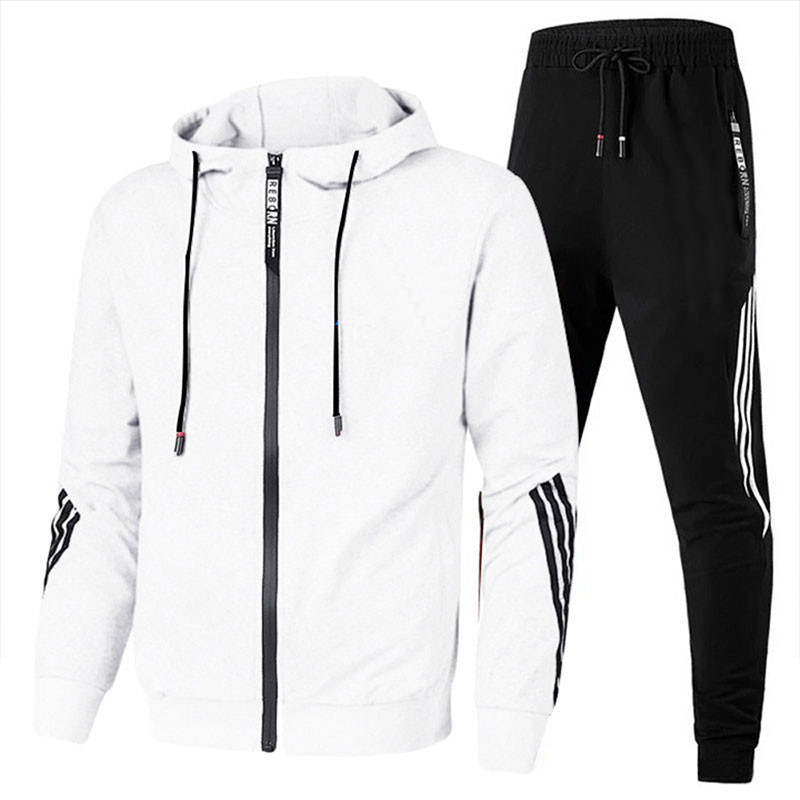Cross-border spring and autumn new men's casual suit, hooded sweatshirt, sportswear, two-piece men's slim casual suit White S