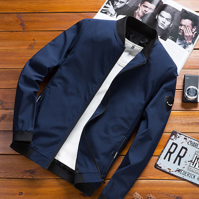 Cross border Spring and Autumn Explosive Men's Jacket Korean Edition Casual Slimming Solid Color Large Size Jacket Men's Stand up Collar Jacket in Current Batch black M