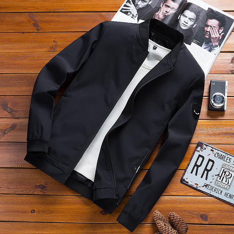 Cross border Spring and Autumn Explosive Men's Jacket Korean Edition Casual Slimming Solid Color Large Size Jacket Men's Stand up Collar Jacket in Current Batch black M