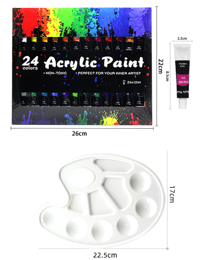 24 Colors Acrylic Paint Set 12ml Non Toxic Vibrant Paint Tubes with 10 Artist Brushes and Mixing Palette Easy Mixing Professional DIY Craft Drawing Supplies for Artists and Beginners