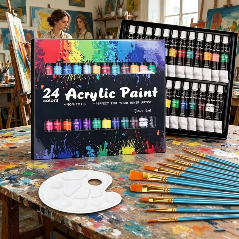 24 Colors Acrylic Paint Set 12ml Non Toxic Vibrant Paint Tubes with 10 Artist Brushes and Mixing Palette Easy Mixing Professional DIY Craft Drawing Supplies for Artists and Beginners