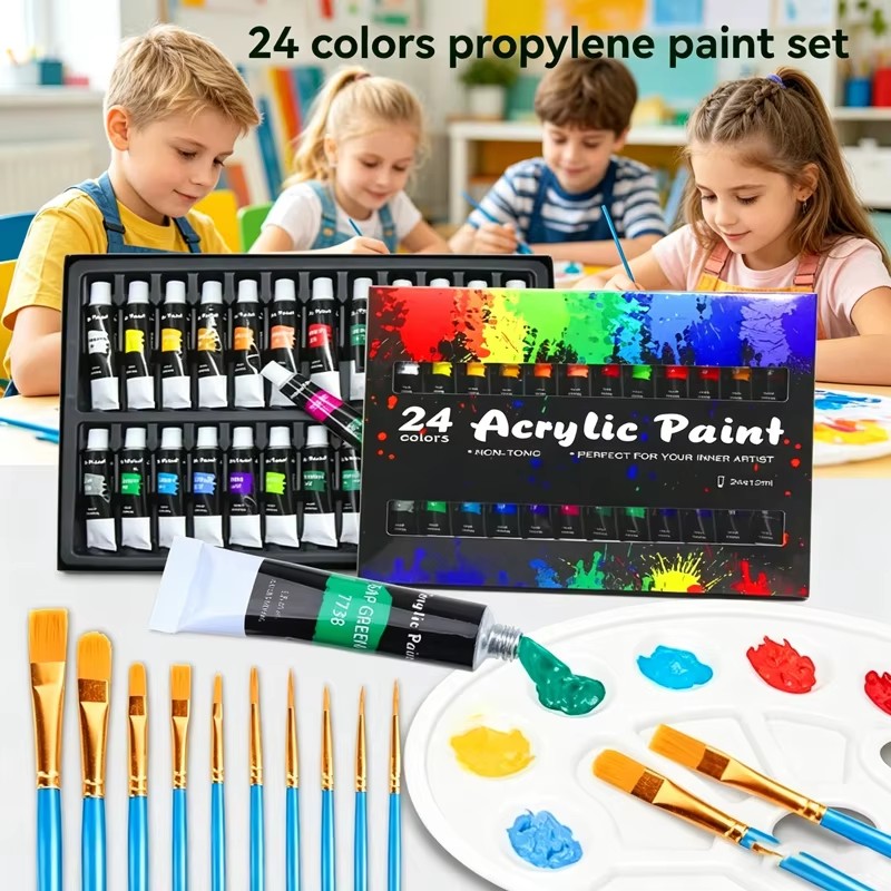 24 Colors Acrylic Paint Set 12ml Non Toxic Vibrant Paint Tubes with 10 Artist Brushes and Mixing Palette Easy Mixing Professional DIY Craft Drawing Supplies for Artists and Beginners