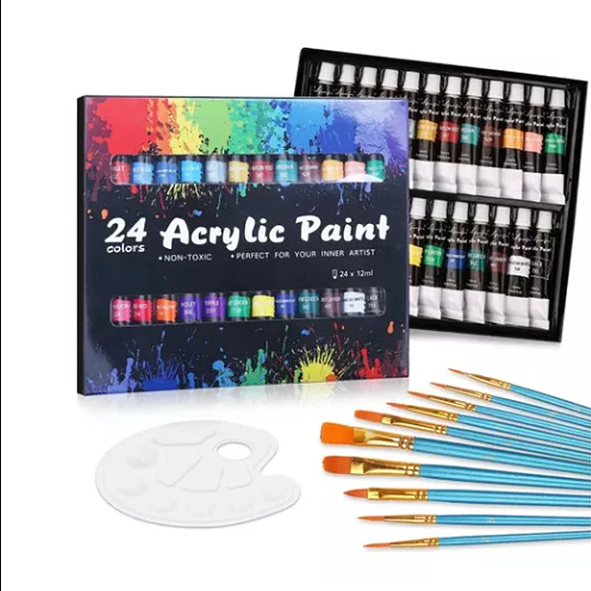 24 Colors Acrylic Paint Set 12ml Non Toxic Vibrant Paint Tubes with 10 Artist Brushes and Mixing Palette Easy Mixing Professional DIY Craft Drawing Supplies for Artists and Beginners