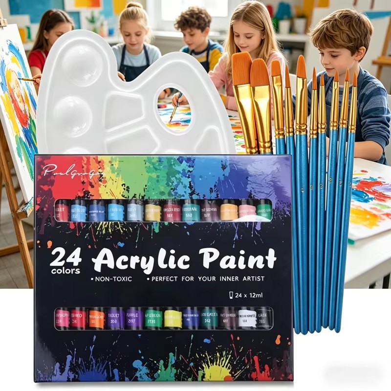 24 Colors Acrylic Paint Set 12ml Non Toxic Vibrant Paint Tubes with 10 Artist Brushes and Mixing Palette Easy Mixing Professional DIY Craft Drawing Supplies for Artists and Beginners
