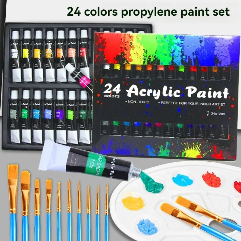 24 Colors Acrylic Paint Set 12ml Non Toxic Vibrant Paint Tubes with 10 Artist Brushes and Mixing Palette Easy Mixing Professional DIY Craft Drawing Supplies for Artists and Beginners