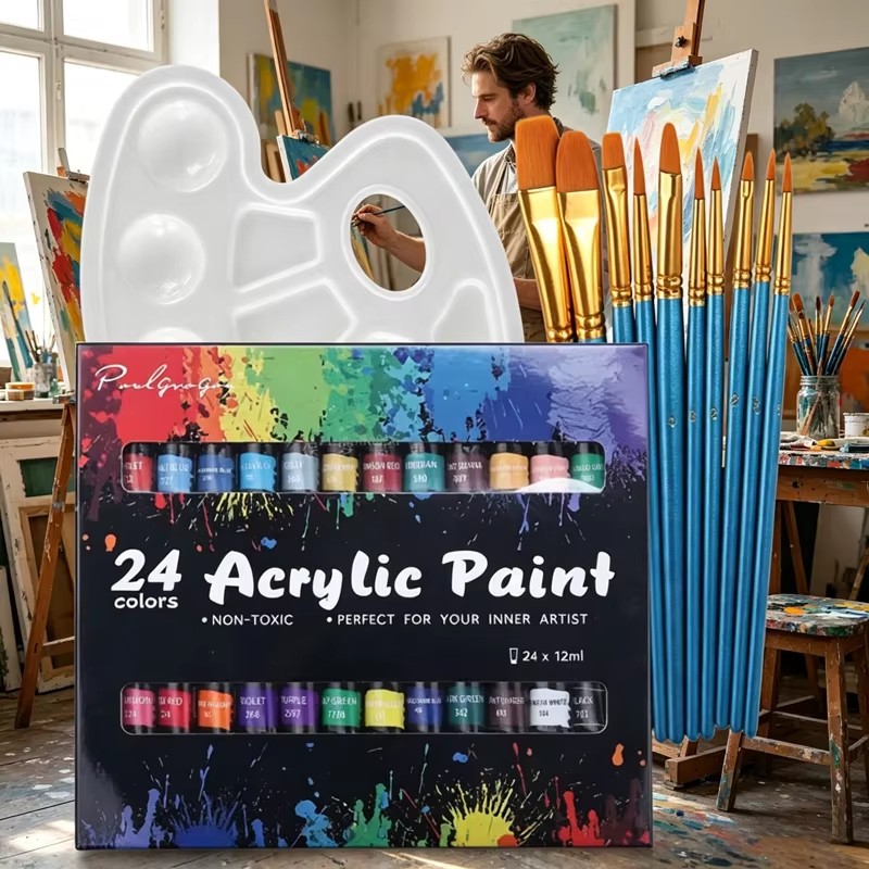 24 Colors Acrylic Paint Set 12ml Non Toxic Vibrant Paint Tubes with 10 Artist Brushes and Mixing Palette Easy Mixing Professional DIY Craft Drawing Supplies for Artists and Beginners