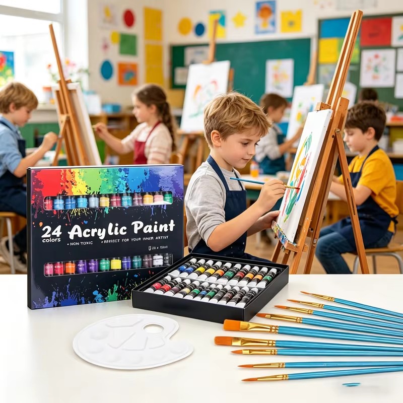 24 Colors Acrylic Paint Set 12ml Non Toxic Vibrant Paint Tubes with 10 Artist Brushes and Mixing Palette Easy Mixing Professional DIY Craft Drawing Supplies for Artists and Beginners