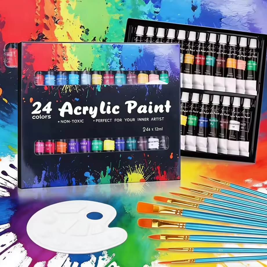 24 Colors Acrylic Paint Set 12ml Non Toxic Vibrant Paint Tubes with 10 Artist Brushes and Mixing Palette Easy Mixing Professional DIY Craft Drawing Supplies for Artists and Beginners