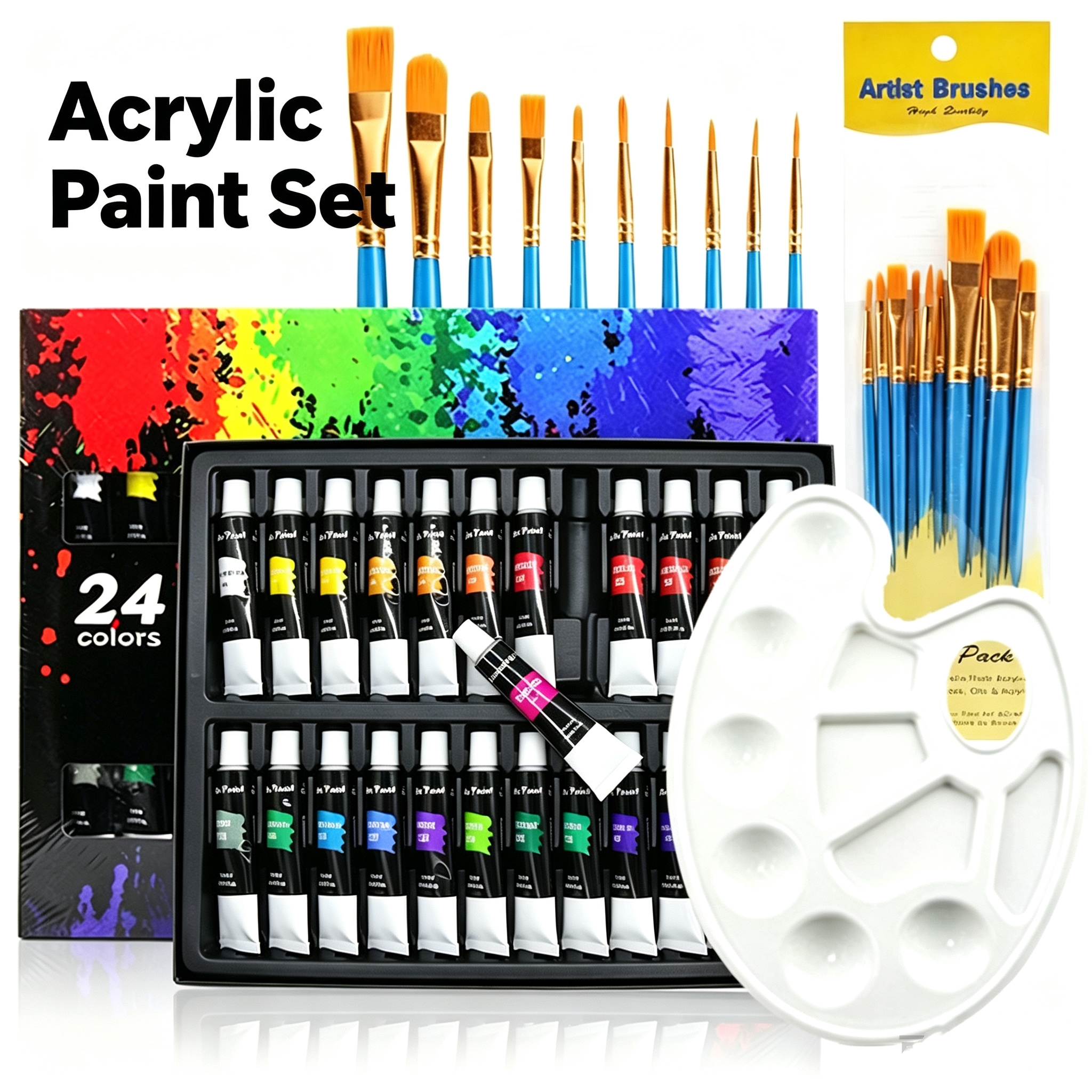 24 Colors Acrylic Paint Set 12ml Non Toxic Vibrant Paint Tubes with 10 Artist Brushes and Mixing Palette Easy Mixing Professional DIY Craft Drawing Supplies for Artists and Beginners