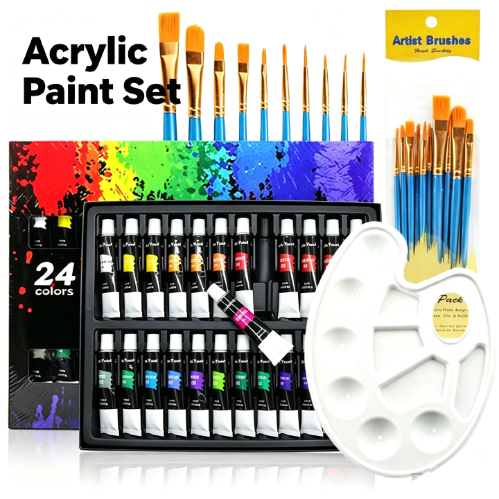 24 Colors Acrylic Paint Set 12ml Non Toxic Vibrant Paint Tubes with 10 Artist Brushes and Mixing Palette Easy Mixing Professional DIY Craft Drawing Supplies for Artists and Beginners