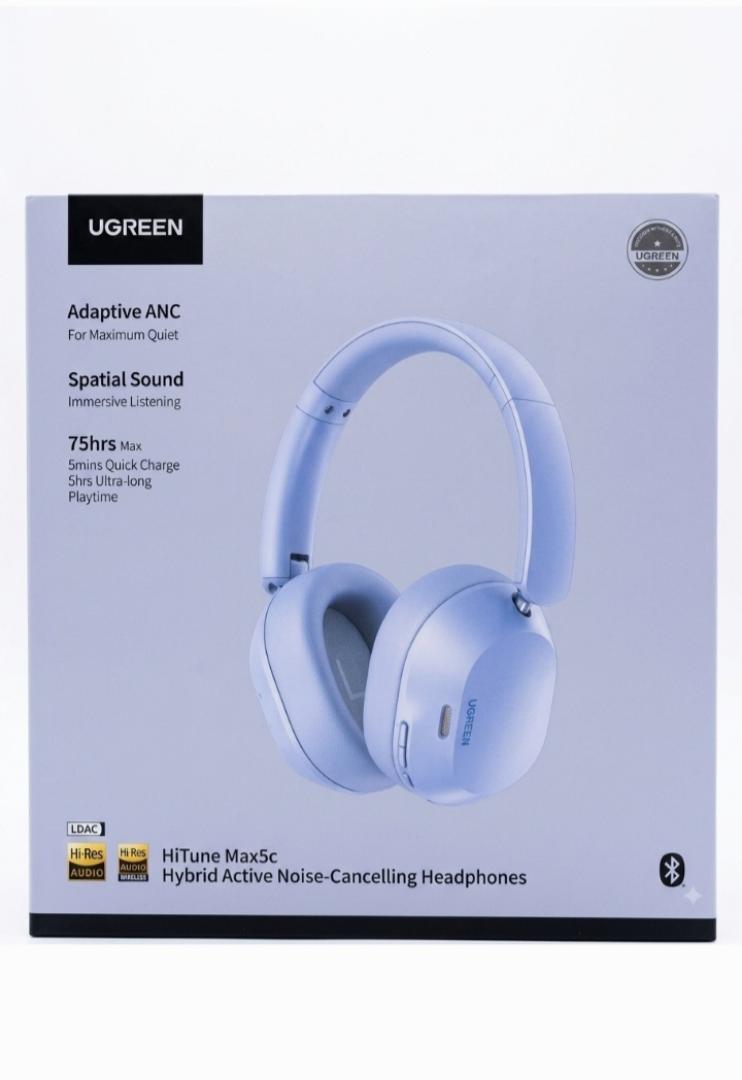 UGREEN HiTune Max5c Hybrid Active Noise Cancelling Wireless Headphones - 75Hrs Playtime, Hi-Res Audio, LDAC, Spatial Sound, Over-Ear Bluetooth Headset (Light Blue)