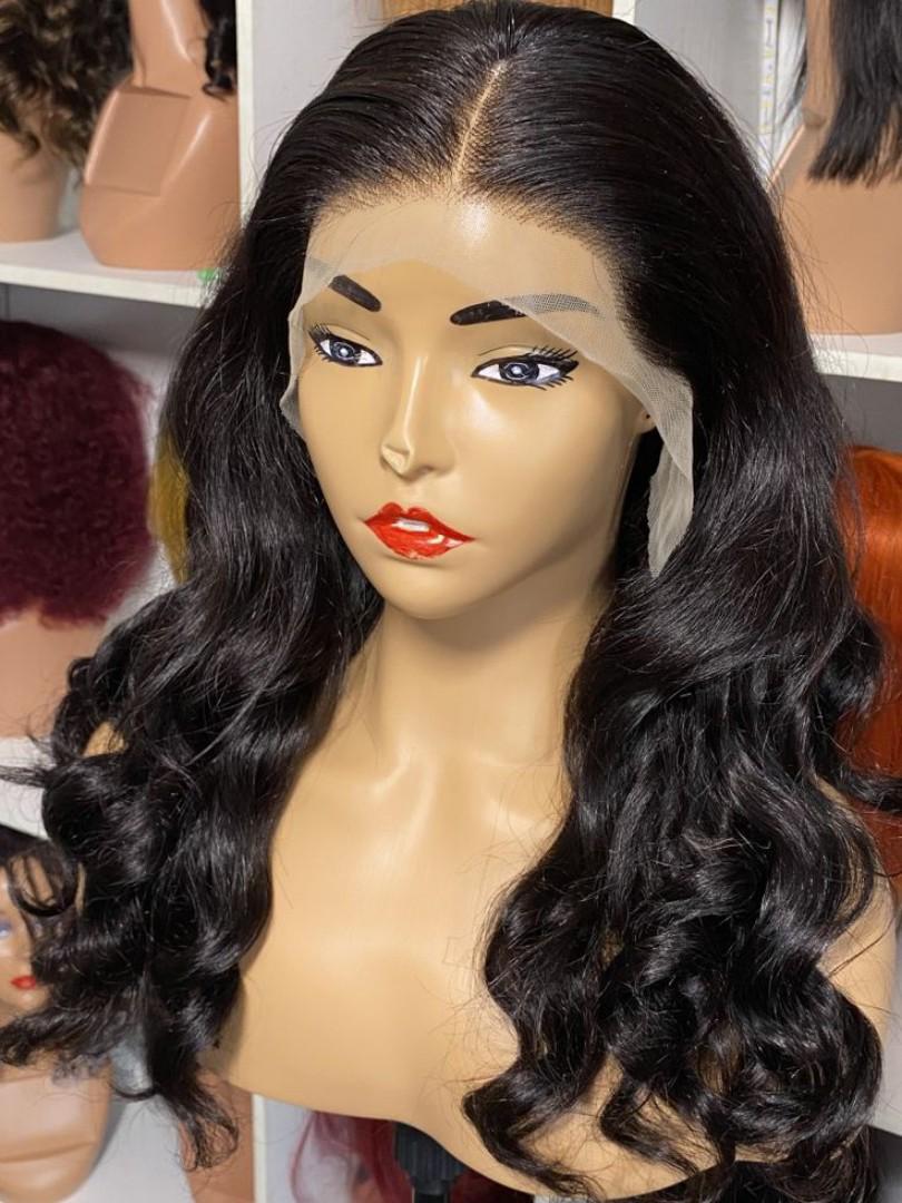 23 inch Body Wave Semi Human Hair 250 Density 13×4*2 lace frontal wig plucked Glueless wig with baby hair Body wave for women Natural black