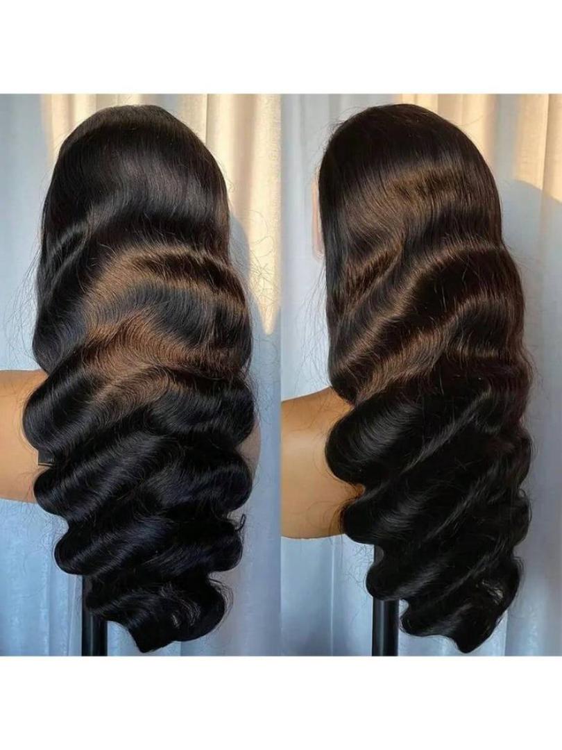 23 inch Body Wave Semi Human Hair 250 Density 13×4*2 lace frontal wig plucked Glueless wig with baby hair Body wave for women Natural black