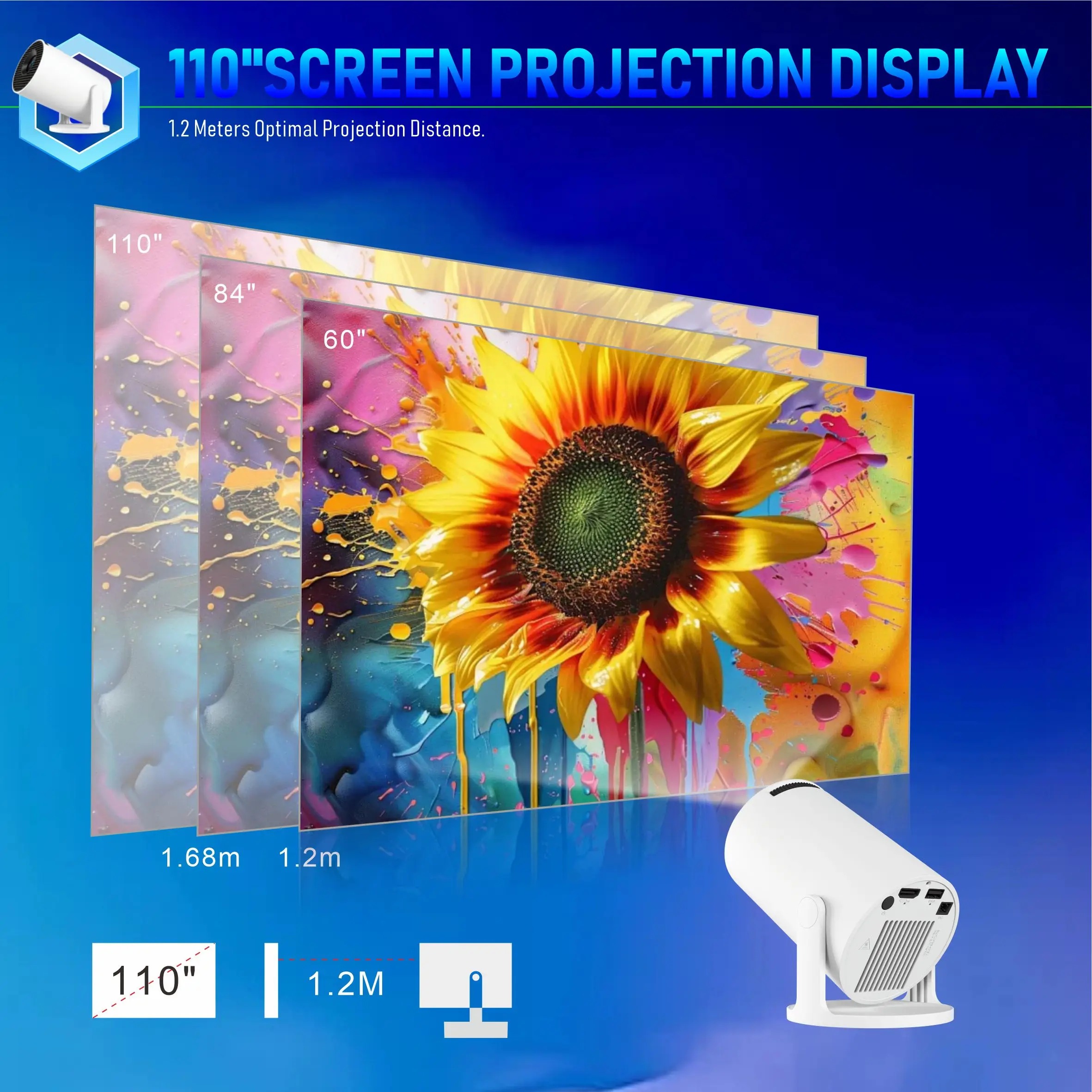 【Savannah Mart】HY300Pro+ Portable Projector, 720P 170 ANSI LM, Android 11.0, WiFi6 BT5.4, 180° Projection, Auto Correction, Ultra Short Throw