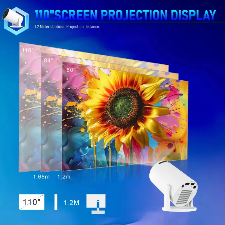 【Savannah Mart】HY300Pro+ Portable Projector, 720P 170 ANSI LM, Android 11.0, WiFi6 BT5.4, 180° Projection, Auto Correction, Ultra Short Throw