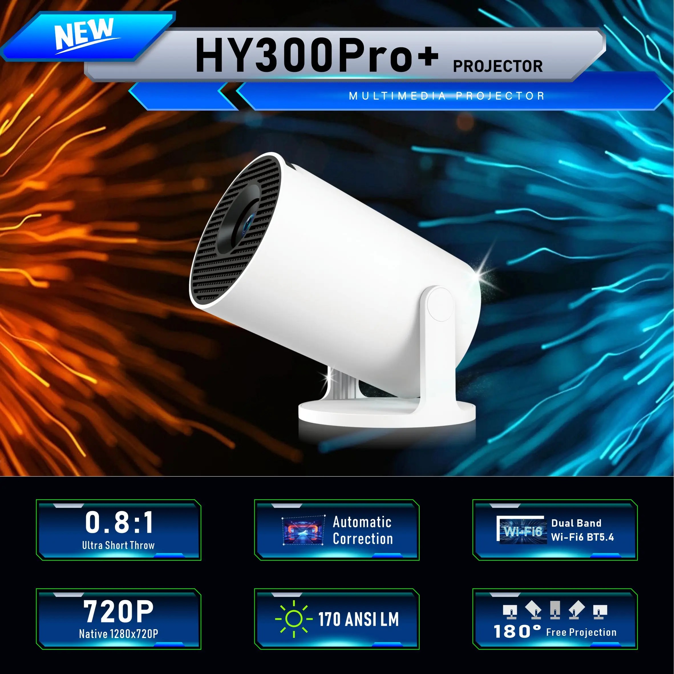 【Savannah Mart】HY300Pro+ Portable Projector, 720P 170 ANSI LM, Android 11.0, WiFi6 BT5.4, 180° Projection, Auto Correction, Ultra Short Throw