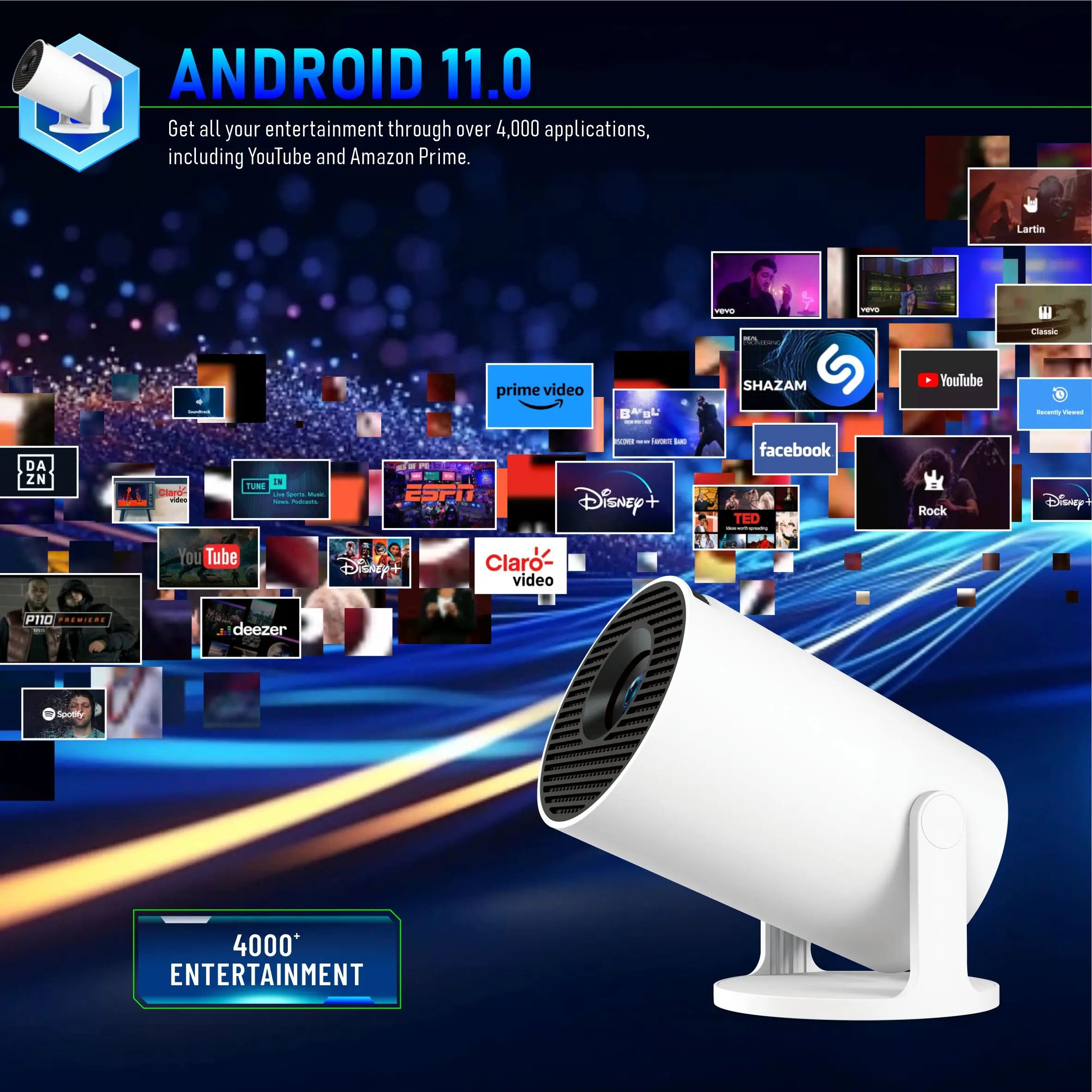 【Savannah Mart】HY300Pro+ Portable Projector, 720P 170 ANSI LM, Android 11.0, WiFi6 BT5.4, 180° Projection, Auto Correction, Ultra Short Throw