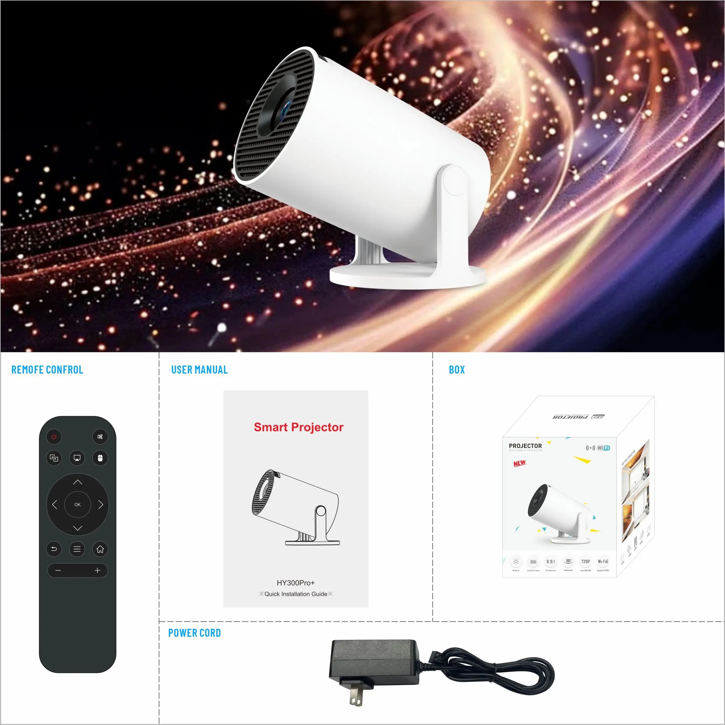 【Savannah Mart】HY300Pro+ Portable Projector, 720P 170 ANSI LM, Android 11.0, WiFi6 BT5.4, 180° Projection, Auto Correction, Ultra Short Throw