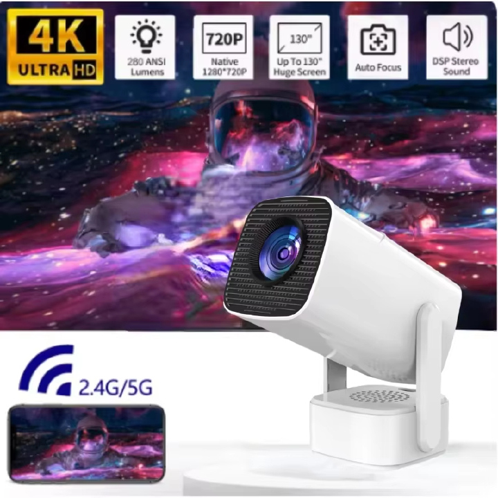 【Savannah Mart】HY800 Smart Projector HY800 Mini Projector 4K Android 13 720P 390 ANSI Lumens Dual Wi-Fi 6 BT 5.0 1920*720P Cinema Portable Projector