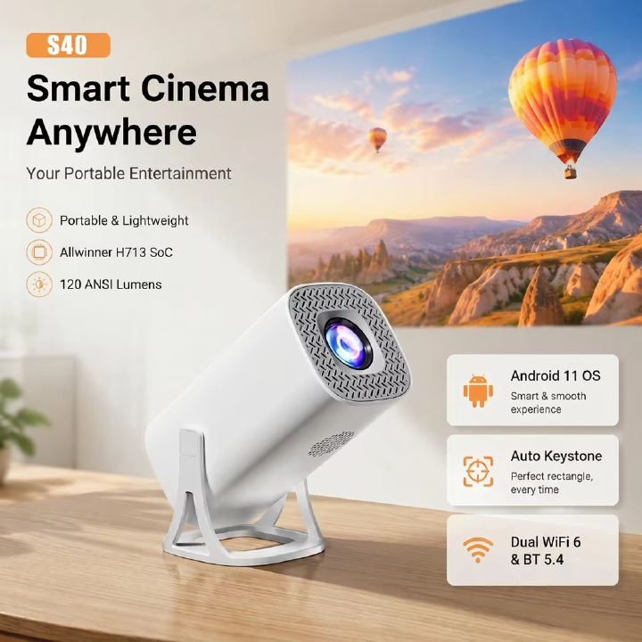 【Savannah Mart】bestseller S40 native 4K HDMI Android projector, dual WiFi Bluetooth vertical portable LED smart home theater low noise