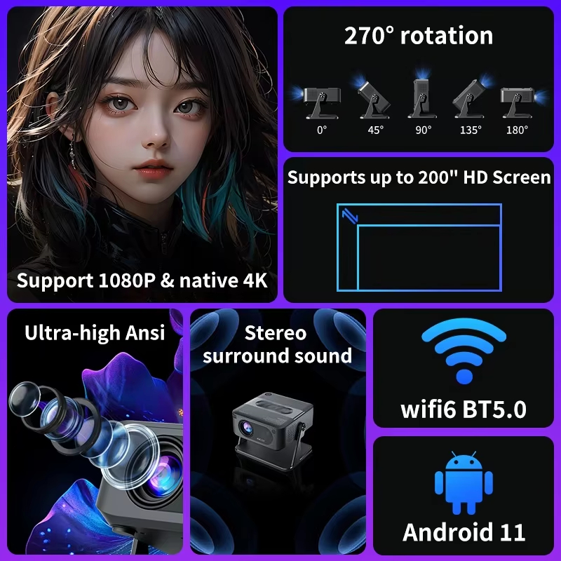 【Savannah Mart】HA109 Projector 4K Android 11 720P Projectors Wifi5 200" Portable Projector Bt5.4 1280*720P Home Cinema Outdoor Projetor