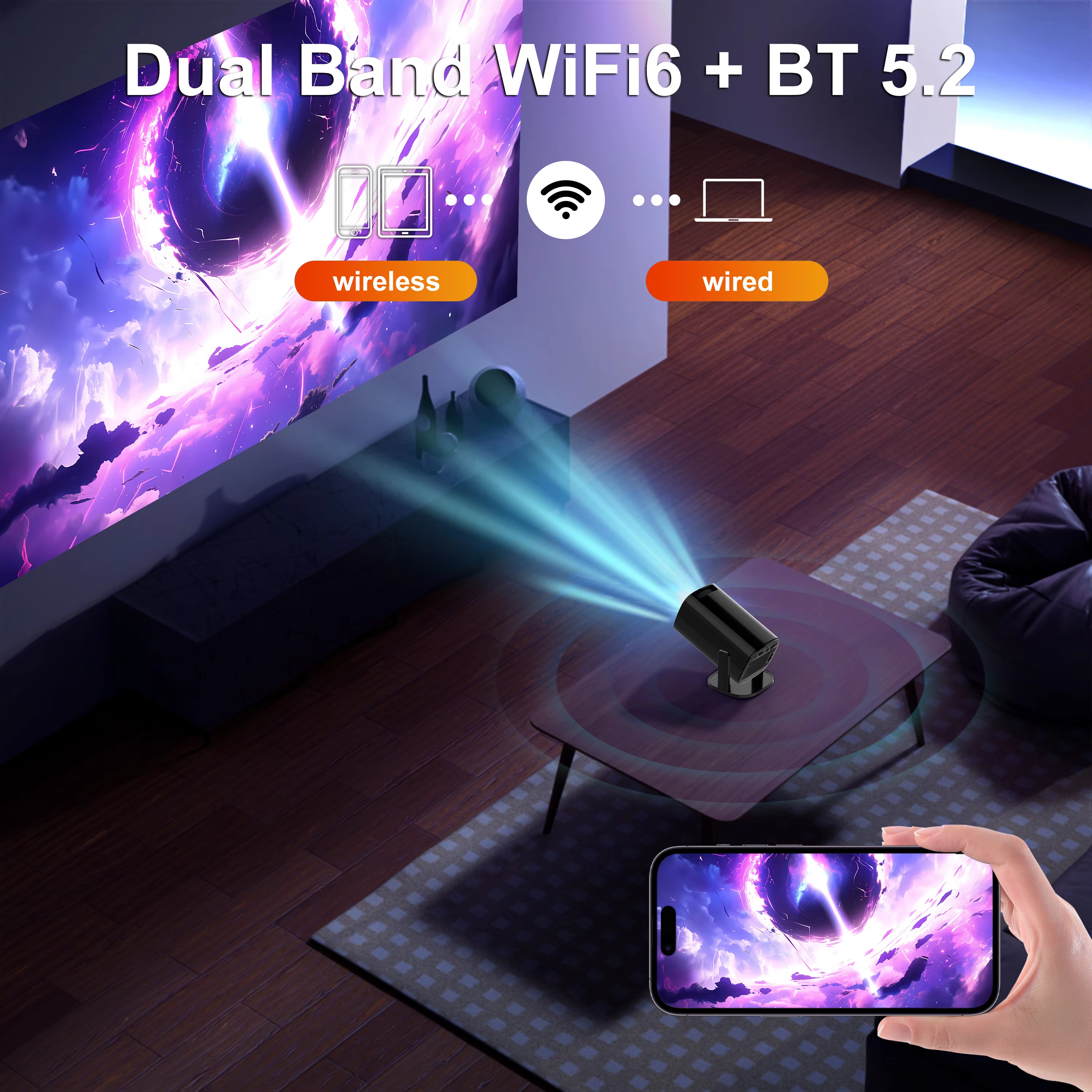 【Savannah Mart】 V1 8K Projector Android 14 Dual Wifi6 300ANSI AllwinnerH723 BT5.4 1280x720P Resolution Home Cinema OutdoorProjector