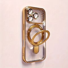 Transparent plating wireless charging magnetic case for iPhone 17 16 15 14 13 Pro Max with lens protection bracket back cover