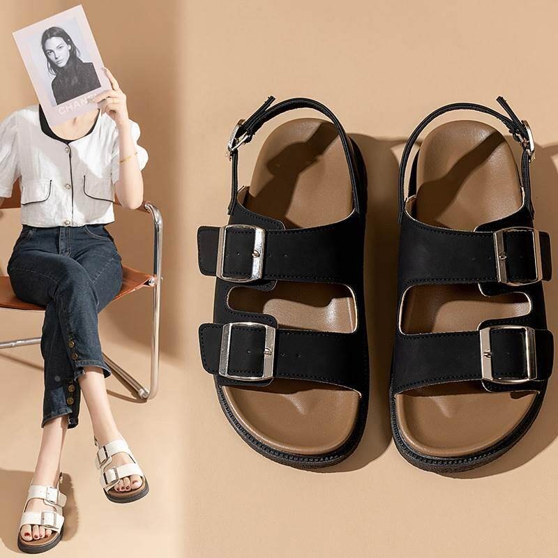 Thick soled slippers for women's summer outdoor wear 2026 new Boken shoes fashionable and casual square button women's beach flat sandals