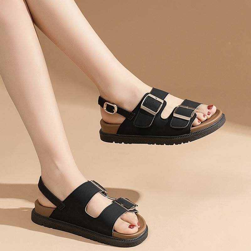 Thick soled slippers for women's summer outdoor wear 2026 new Boken shoes fashionable and casual square button women's beach flat sandals
