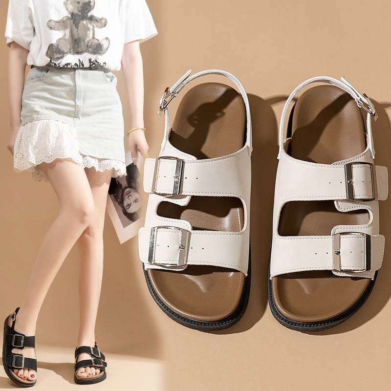 Thick soled slippers for women's summer outdoor wear 2026 new Boken shoes fashionable and casual square button women's beach flat sandals